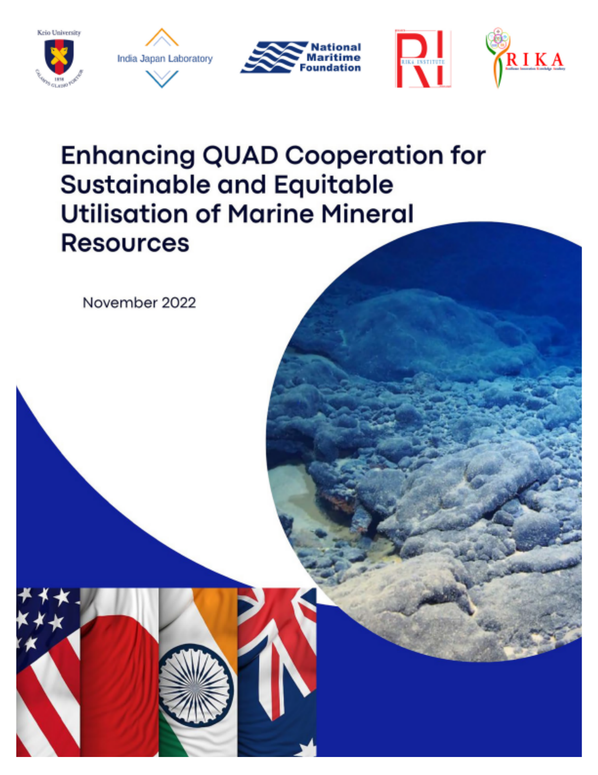Front cover of the NMF Policy Note on QUAD cooperation and marine mineral resources